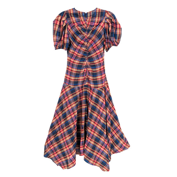 Ulla Johnson Heleen Puff Sleeve Silk Cotton Plaid Asymmetric Midi Dress Size 2 - Picture 4 of 13